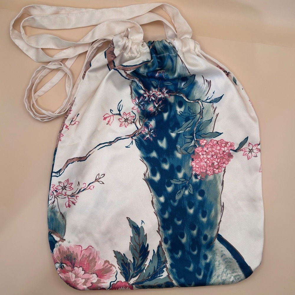 Satin Peacock Floral Drawstring Bag Tote Chinoiserie Cherry Blossom Cream